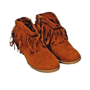 Justice Ankle Boots Women's sz 7 Caramel Brown Suede Fringe Western Cowgirl